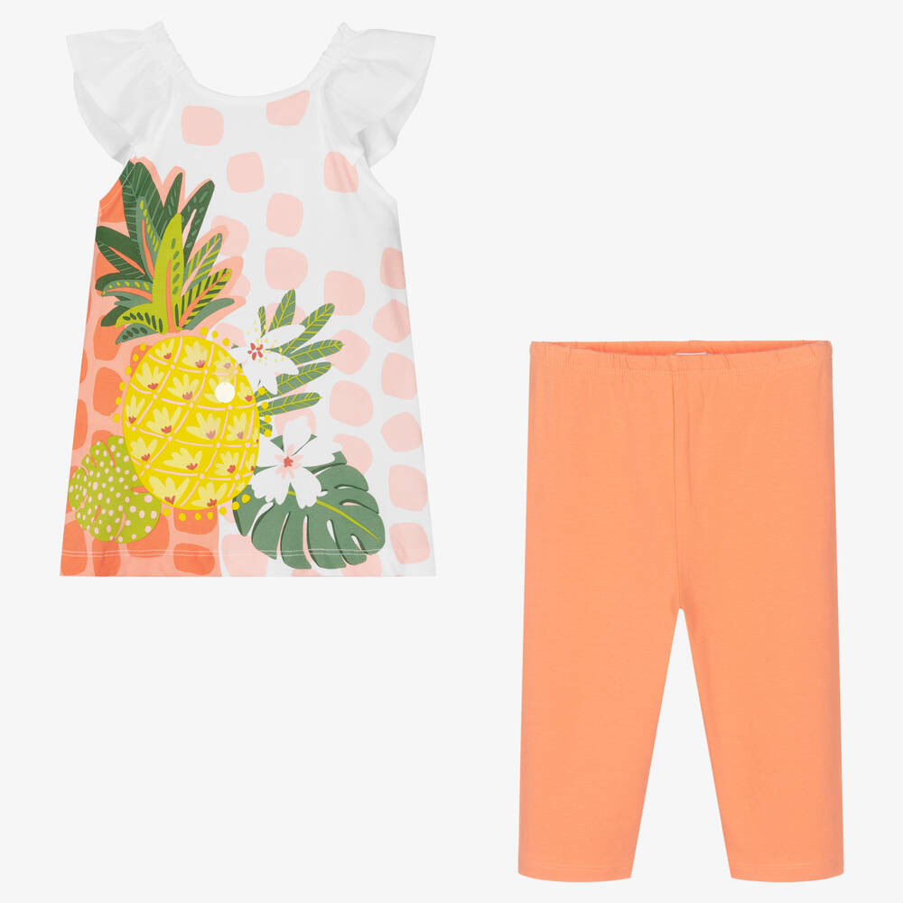 Mayoral Girls White & Orange Cotton Leggings Set Childrensalon Outlet