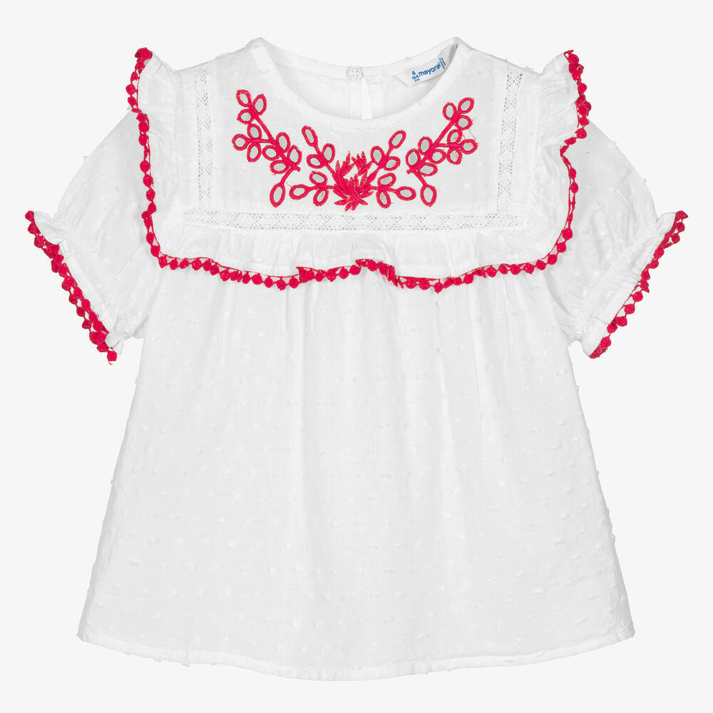 Mayoral - Girls White & Pink Cotton Blouse | Childrensalon