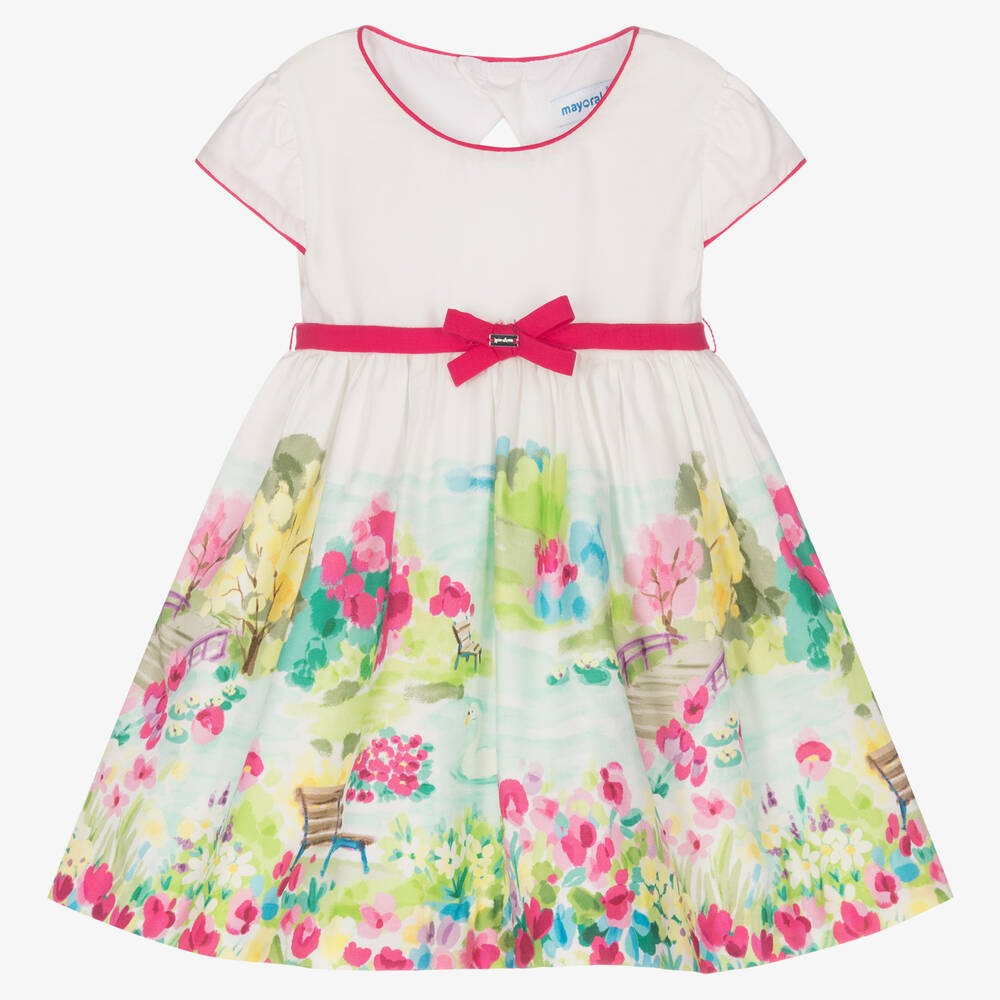 Mayoral - Girls White & Pink Cotton Floral Dress | Childrensalon