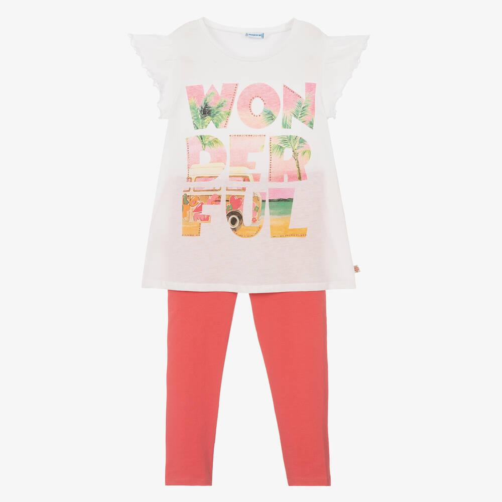 Mayoral - Girls White & Pink Cotton Leggings Set | Childrensalon