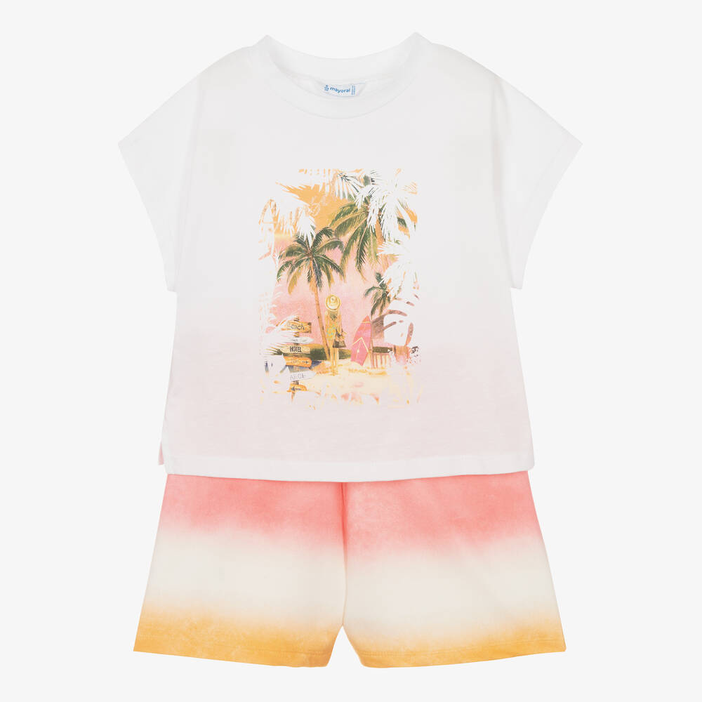 Mayoral - Белая футболка и розовые шорты из хлопка | Childrensalon