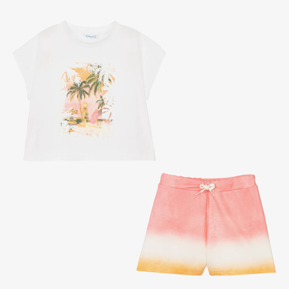 Mayoral-Белая футболка и розовые шорты из хлопка | Childrensalon Outlet