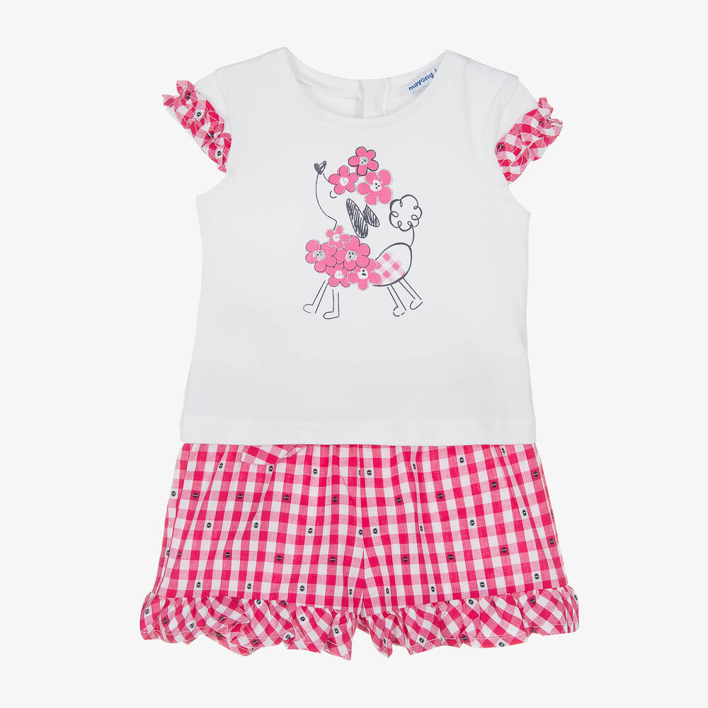Mayoral - Top & Vichykaro-Shorts in Weiß/Pink  | Childrensalon