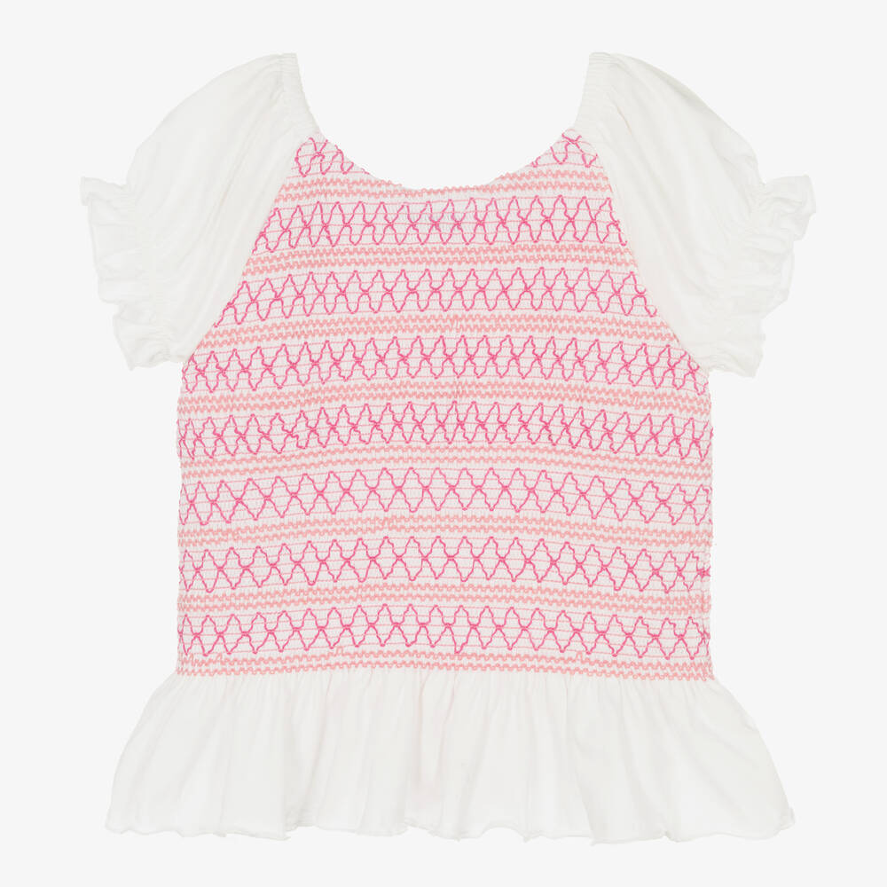 Mayoral-Бело-розовая футболка со сборками | Childrensalon Outlet