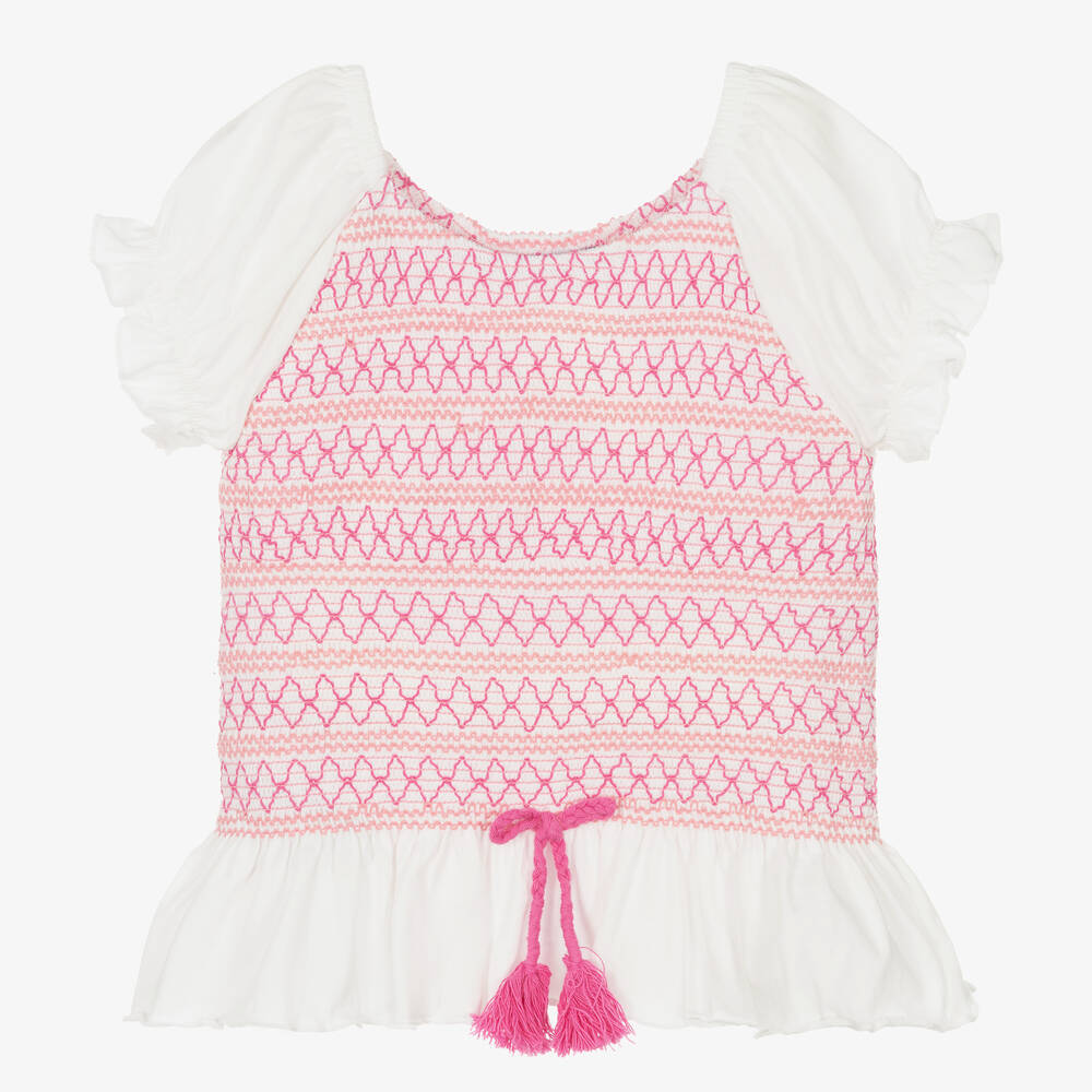 Mayoral - Girls White & Pink Smocked T-Shirt | Childrensalon