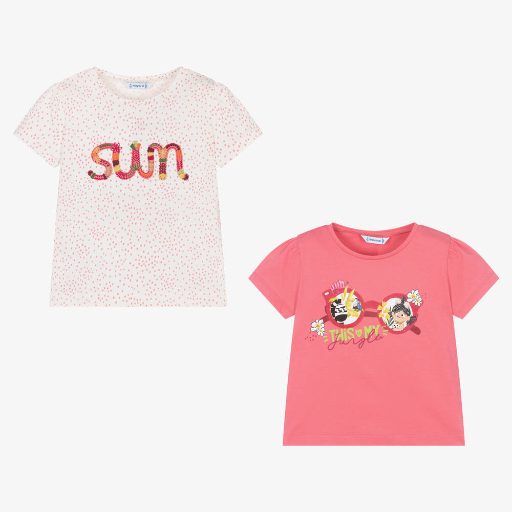 Mayoral - Girls White & Pink T-Shirts (2 Pack) | Childrensalon