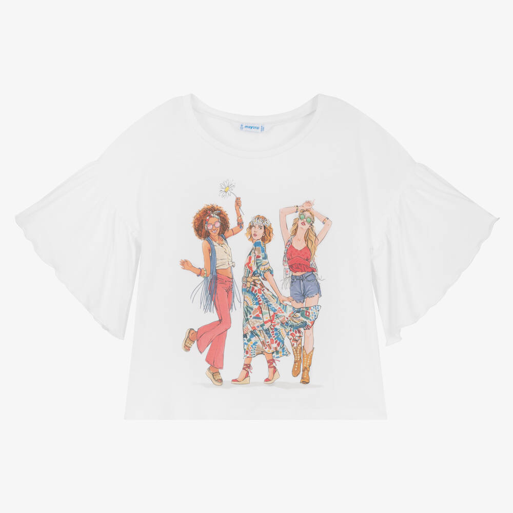 Mayoral - Girls White Print T-Shirt  | Childrensalon