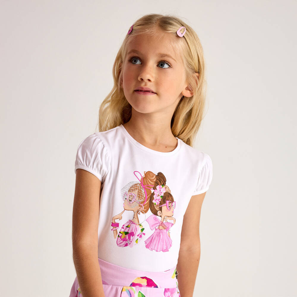 Mayoral-Girls White Puff-Sleeve Cotton Tee | Childrensalon Outlet