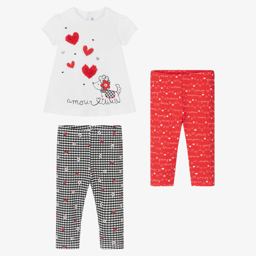 Mayoral - Girls White & Red Cotton Leggings Set | Childrensalon