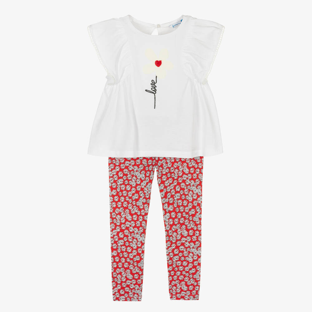Mayoral-Girls White & Red Floral Cotton Leggings Set | Childrensalon Outlet