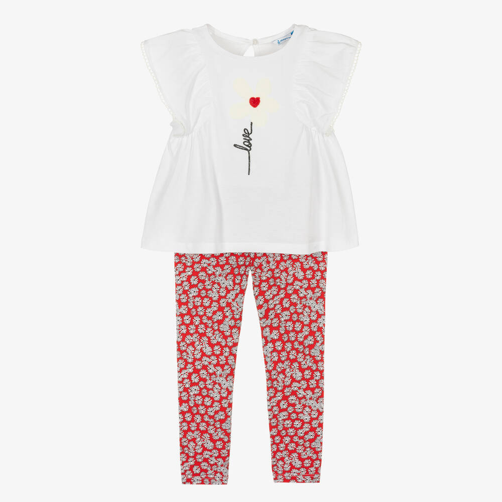 Mayoral - Girls White & Red Floral Cotton Leggings Set | Childrensalon