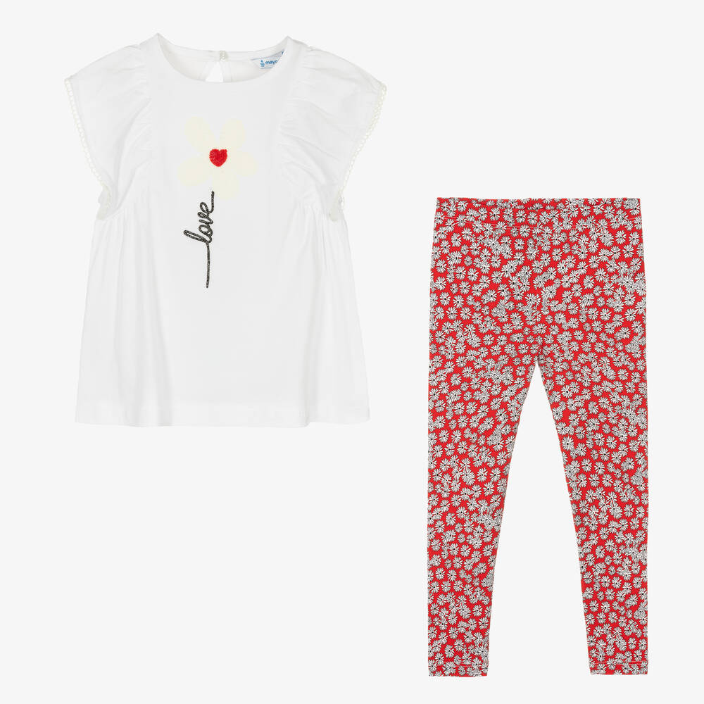 Mayoral-Белый топ и красные хлопковые легинсы в цветочек | Childrensalon Outlet