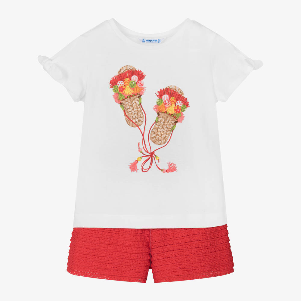 Mayoral-Girls White & Red Frilled Shorts Set | Childrensalon Outlet