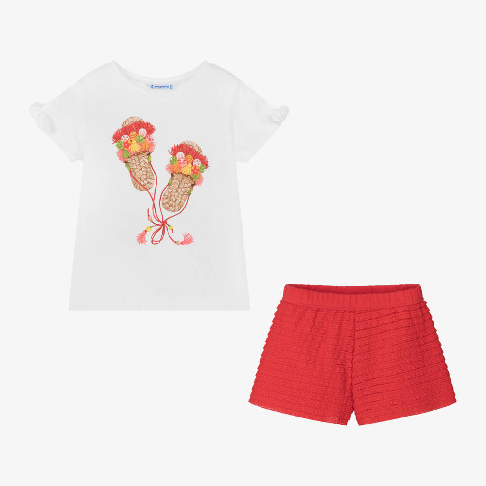 Mayoral-Girls White & Red Frilled Shorts Set | Childrensalon Outlet