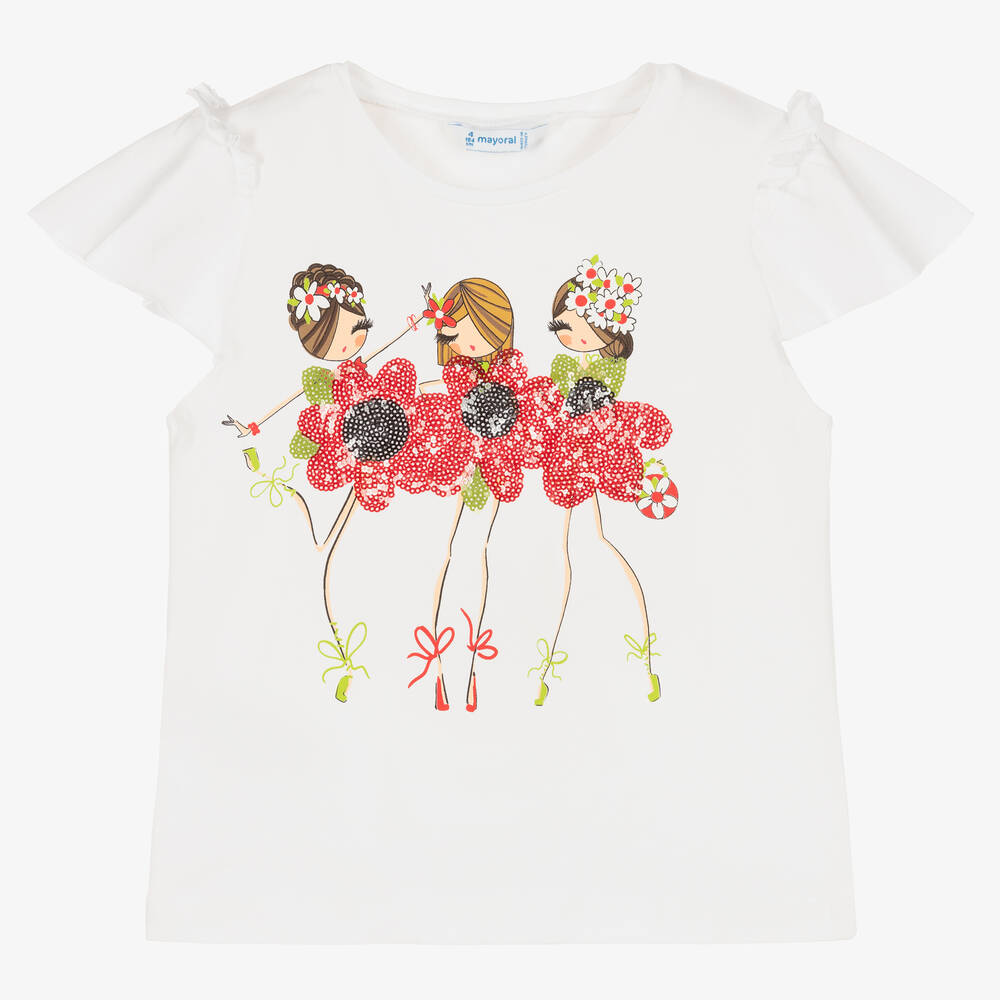 Mayoral - Girls White & Red Sequin Flower T-Shirt | Childrensalon