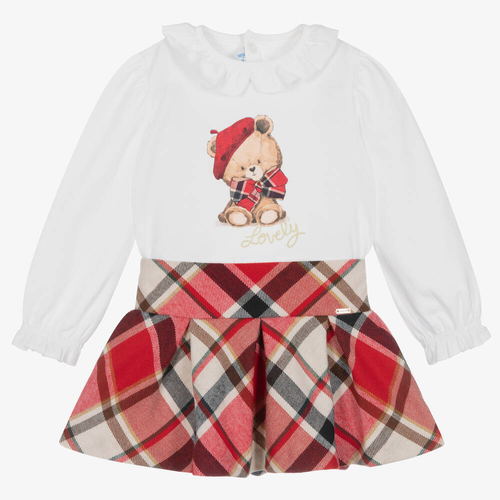 Mayoral - Girls White & Red Tartan Skirt Set | Childrensalon