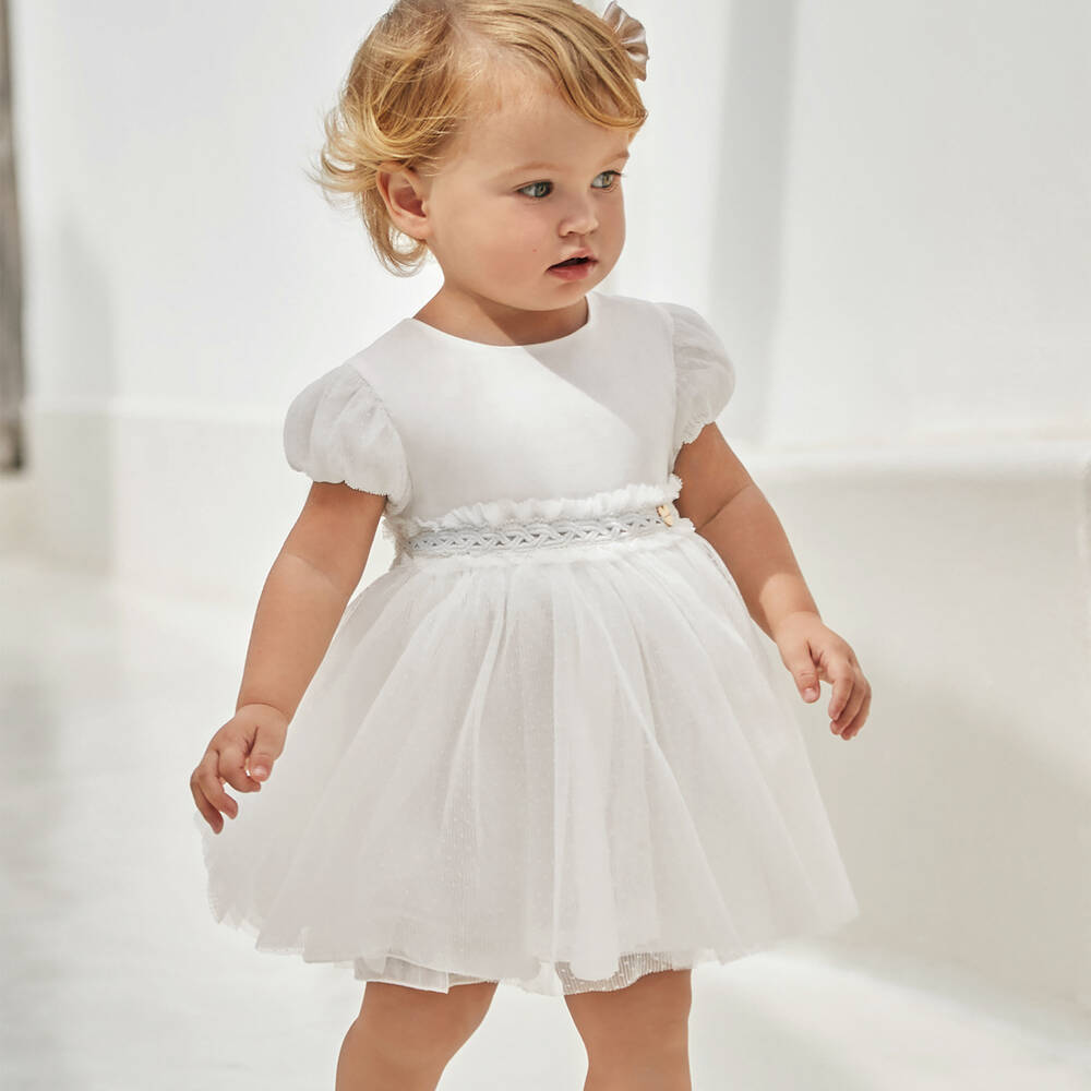 مايورال-فستان أطفال بناتي مزيج قطن وتول منقط لون أبيض | Childrensalon Outlet