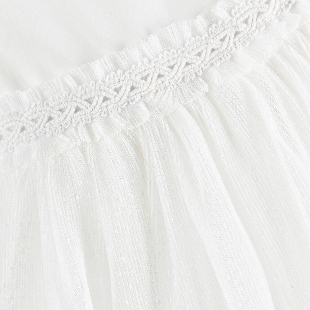 مايورال-فستان أطفال بناتي مزيج قطن وتول منقط لون أبيض | Childrensalon Outlet
