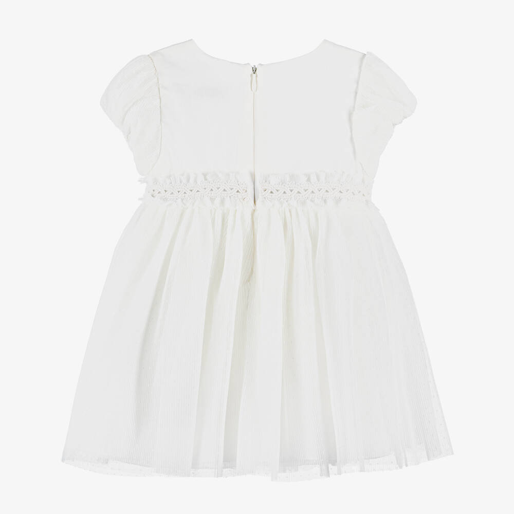 مايورال-فستان أطفال بناتي مزيج قطن وتول منقط لون أبيض | Childrensalon Outlet