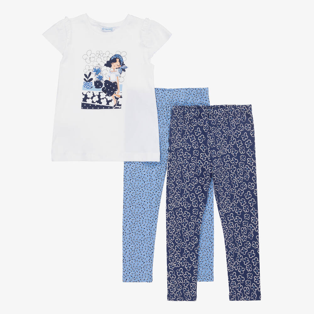 Mayoral-Girls White Top & Blue Cotton Leggings Set | Childrensalon Outlet