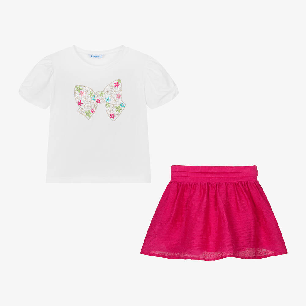 Mayoral-Girls White Top & Pink Skirt Set | Childrensalon Outlet