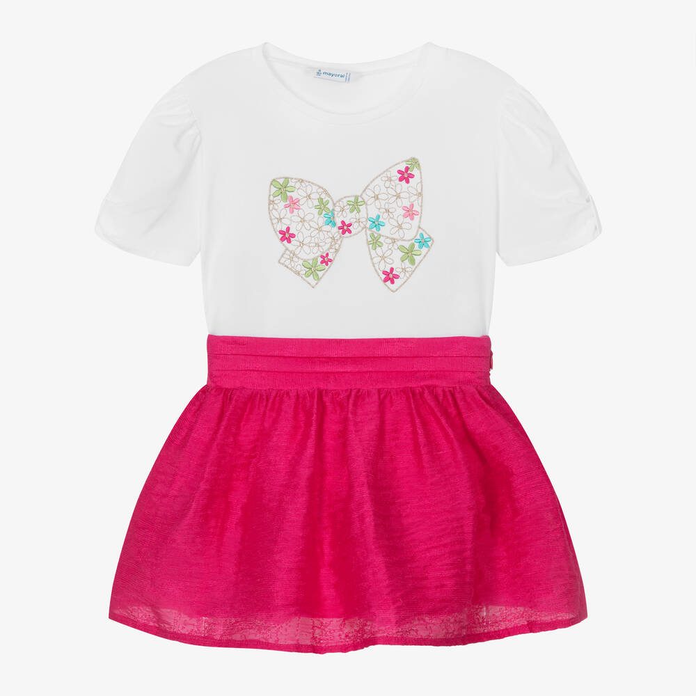 Mayoral-Girls White Top & Pink Skirt Set | Childrensalon Outlet