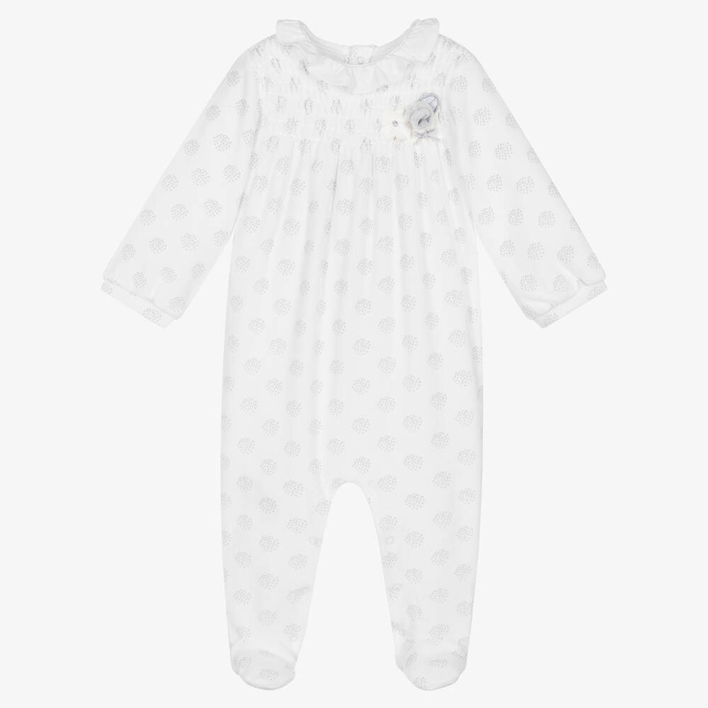 Mayoral - Girls White Velour Flower Babygrow | Childrensalon