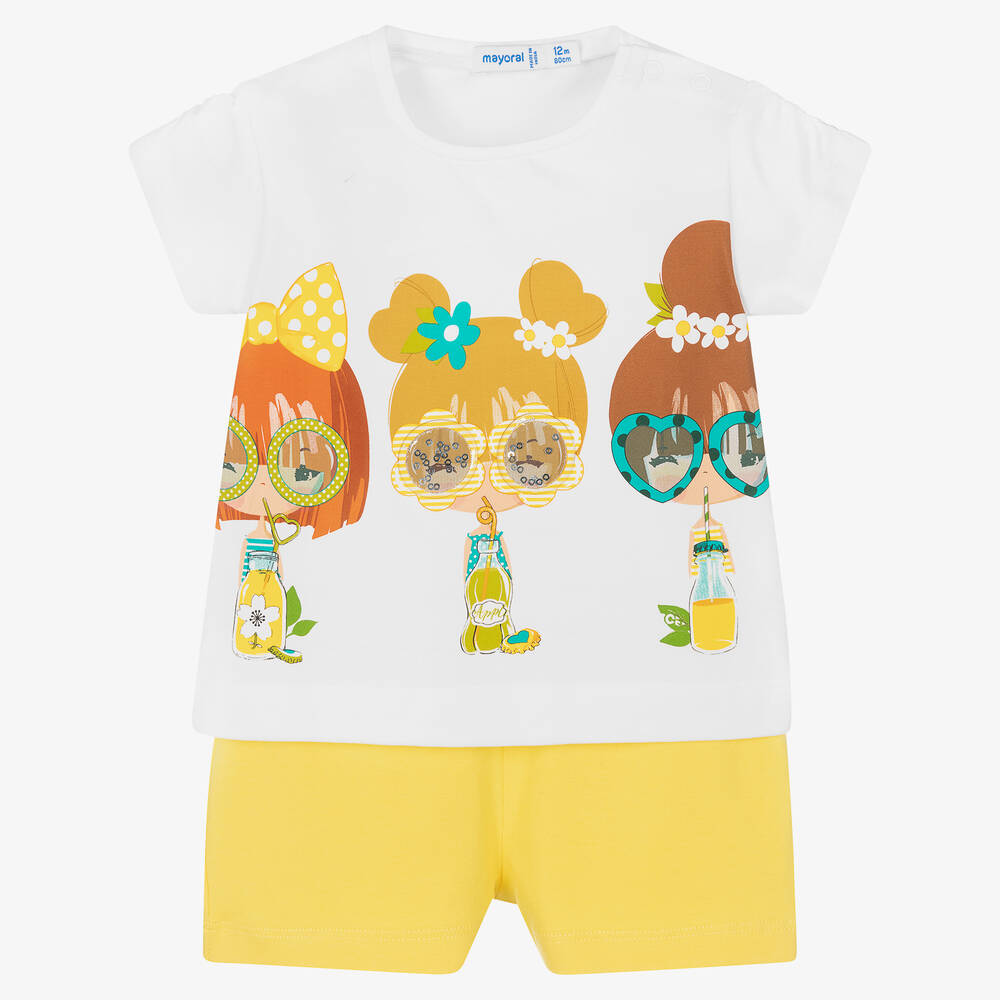 Mayoral - Girls White & Yellow Cotton Shorts Set  | Childrensalon