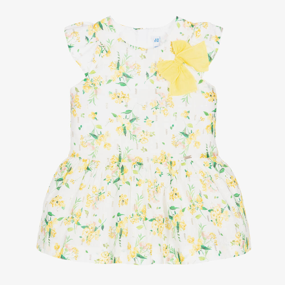Mayoral - Robe blanche à fleurs jaunes fille  | Childrensalon