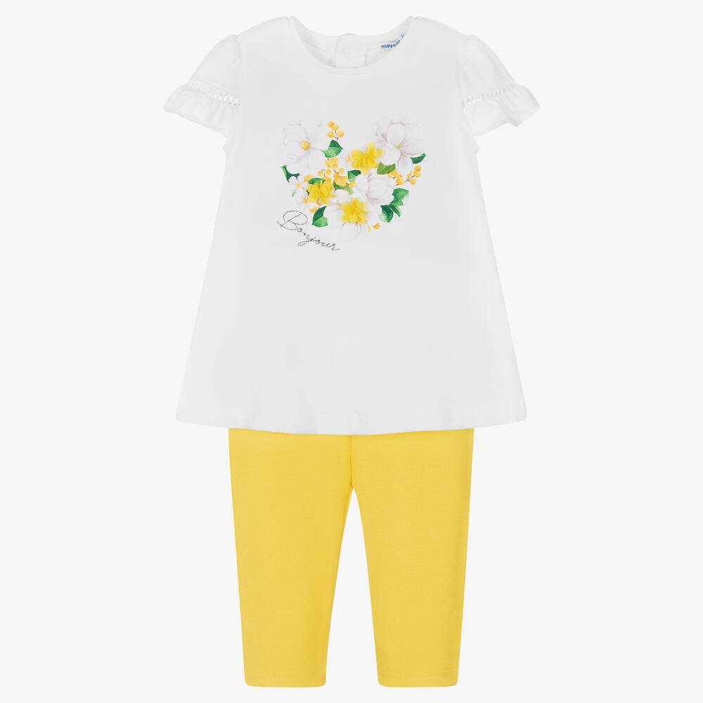 Mayoral - Girls White & Yellow Floral Leggings Set | Childrensalon
