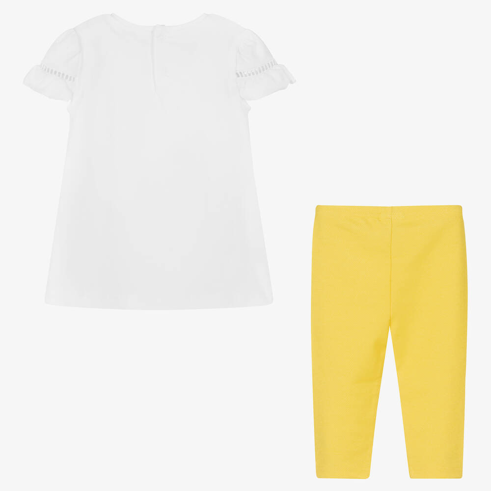 Mayoral-طقم ليغنغز قطن جيرسي لون أبيض وأصفر بطبعة ورود | Childrensalon Outlet