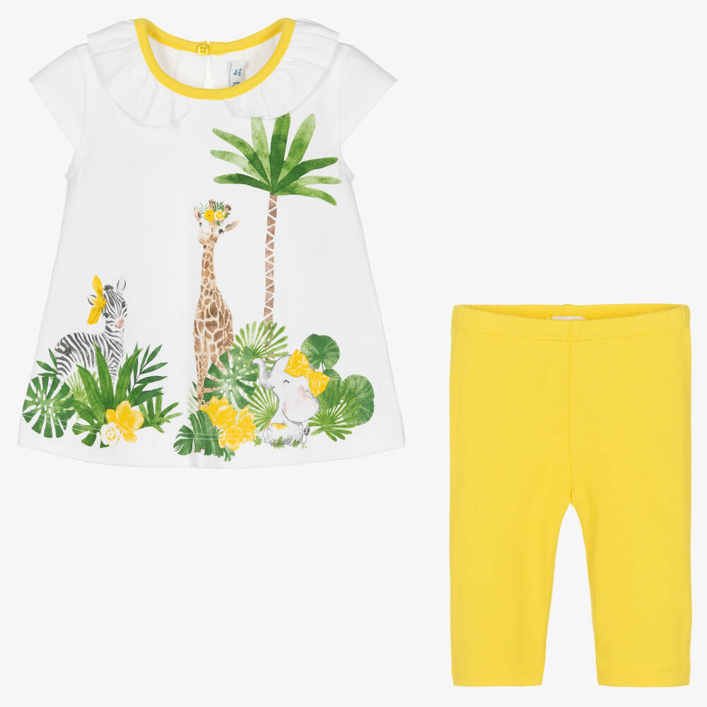 Mayoral-طقم ليغنغز قطن مستدام جيرسي لون أبيض وأصفر | Childrensalon Outlet