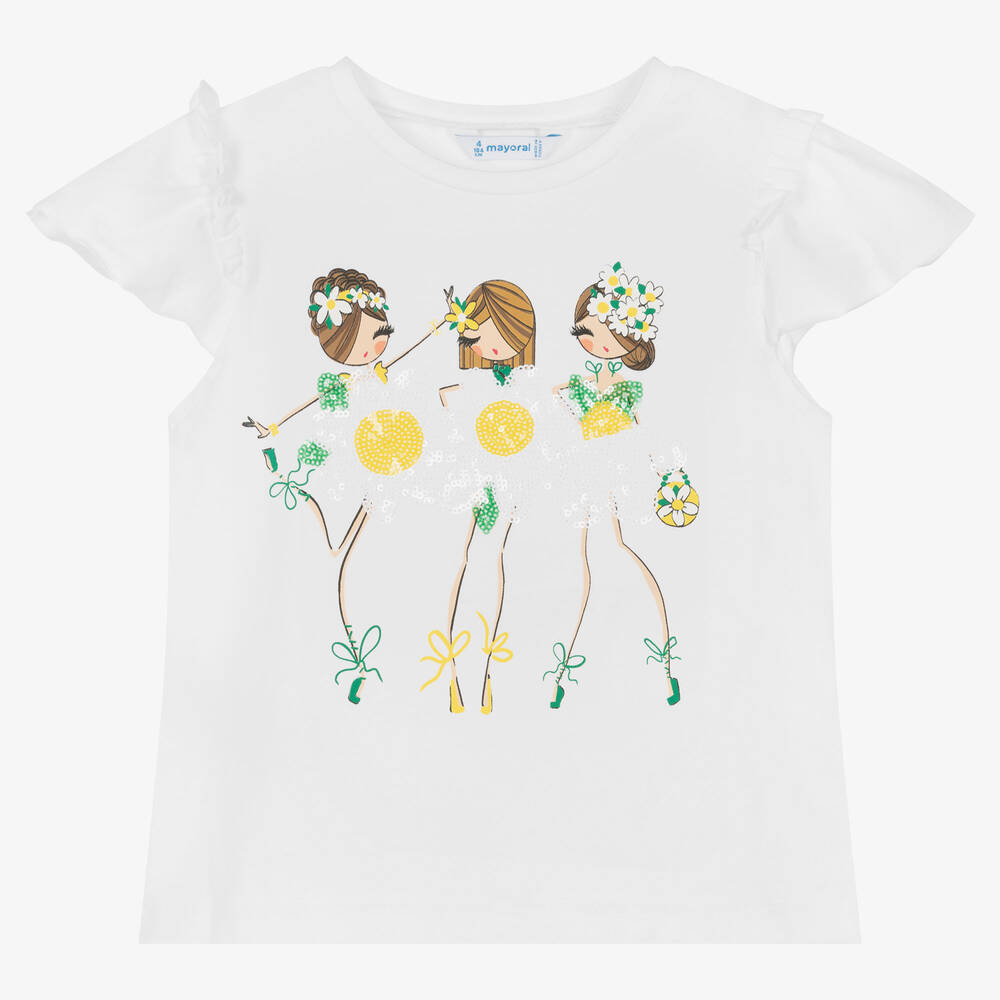 Mayoral - T-shirt blanc à fleurs et paillettes blanc et jaune fille  | Childrensalon
