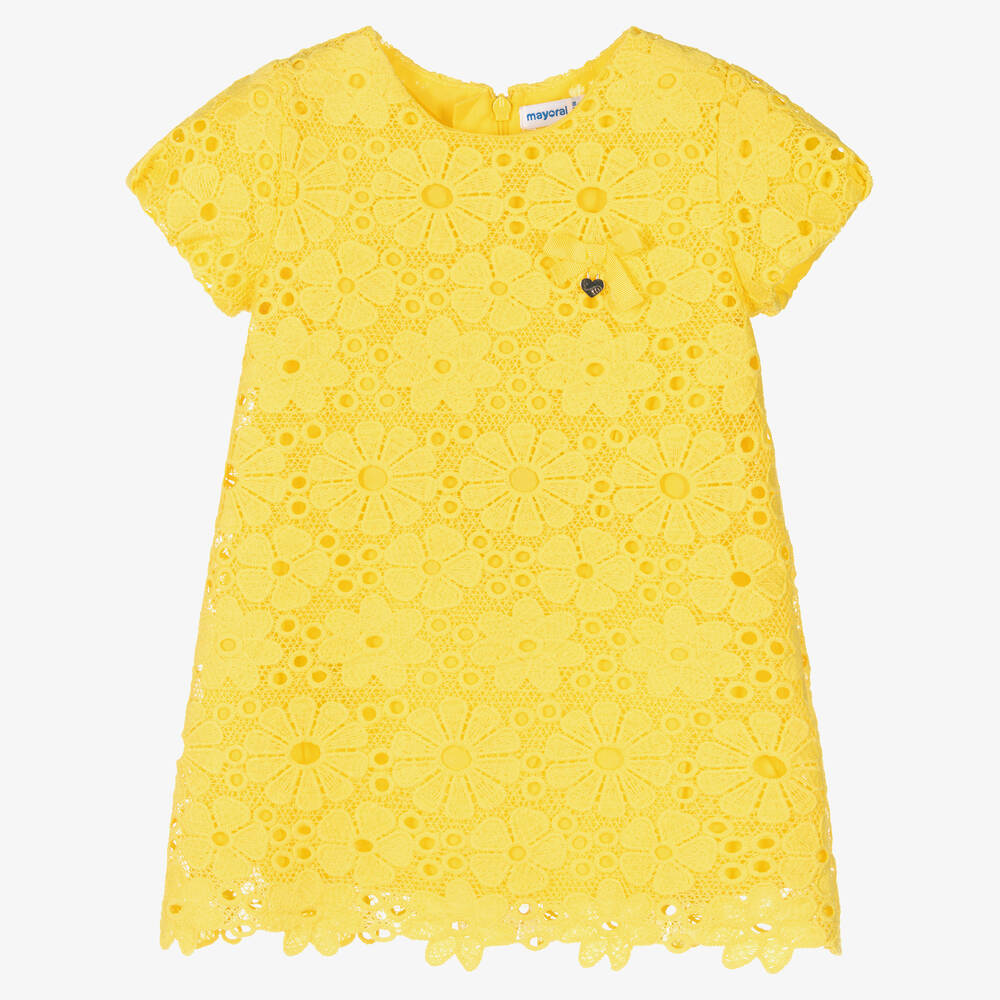 Mayoral - Robe trapèze jaune à dentelle fille | Childrensalon