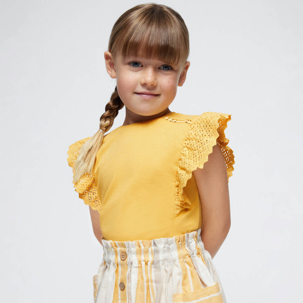 Mayoral-Girls Yellow Cotton & Crochet Lace Top | Childrensalon Outlet