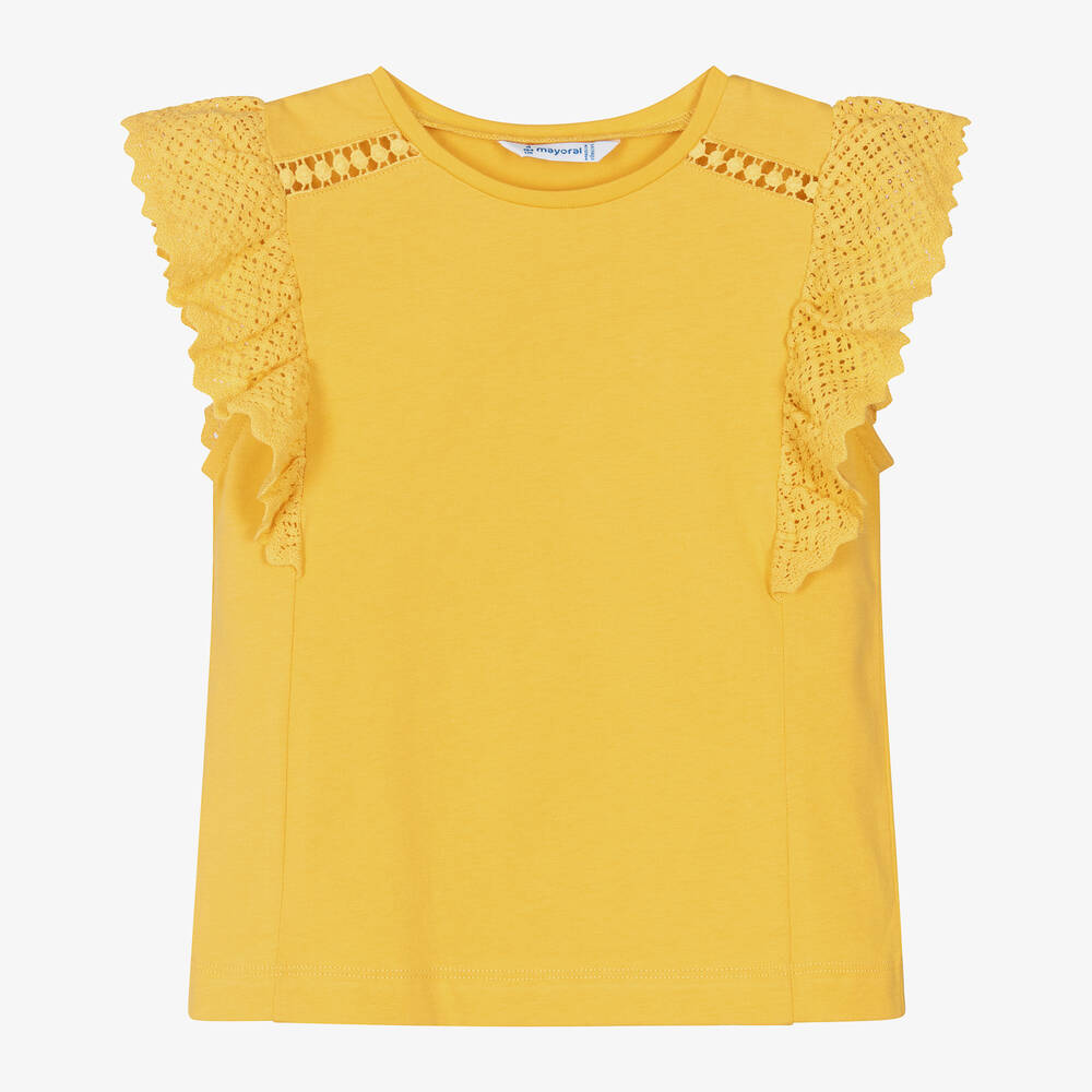 Mayoral-Girls Yellow Cotton & Crochet Lace Top | Childrensalon Outlet