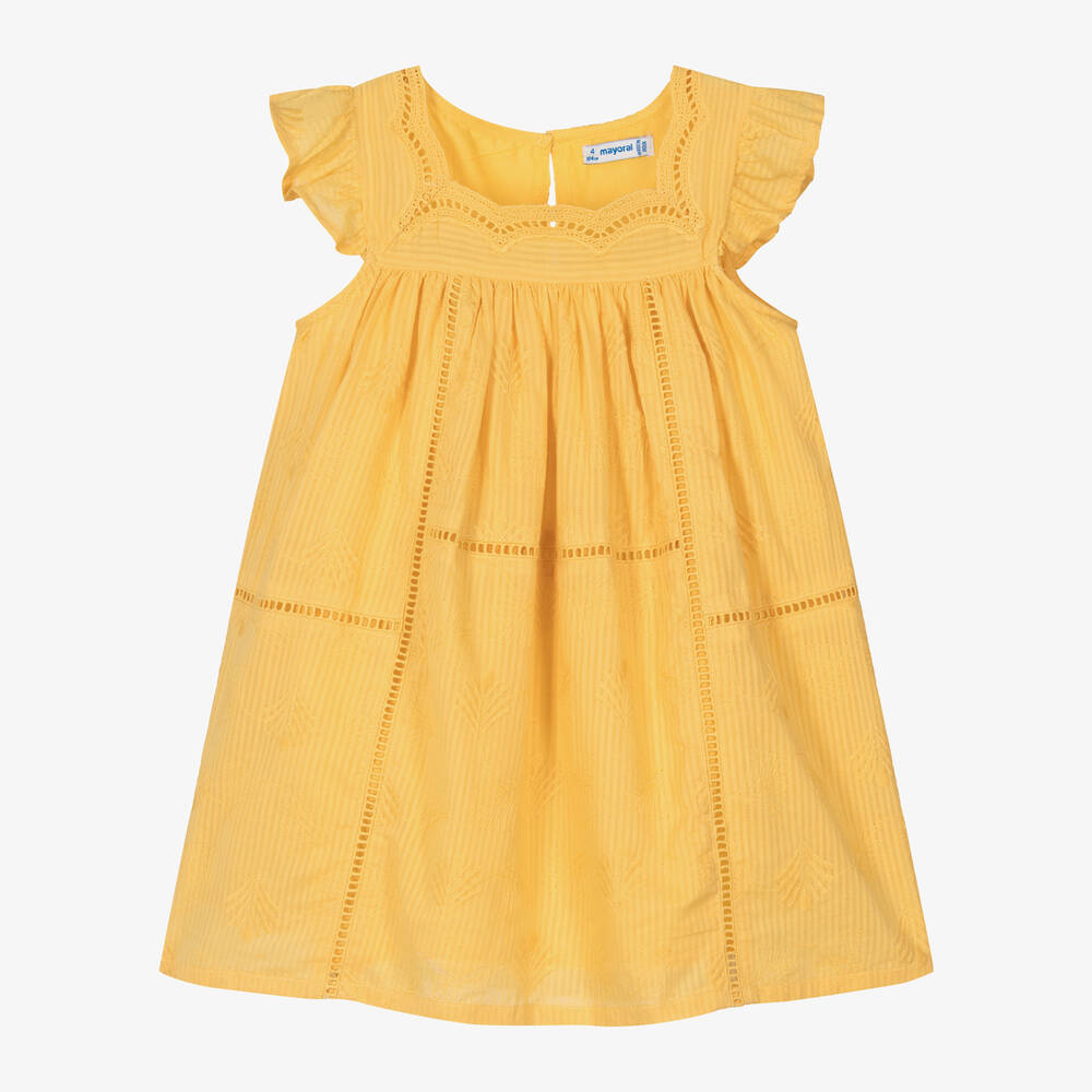 Mayoral-Girls Yellow Cotton Embroidered Dress | Childrensalon Outlet