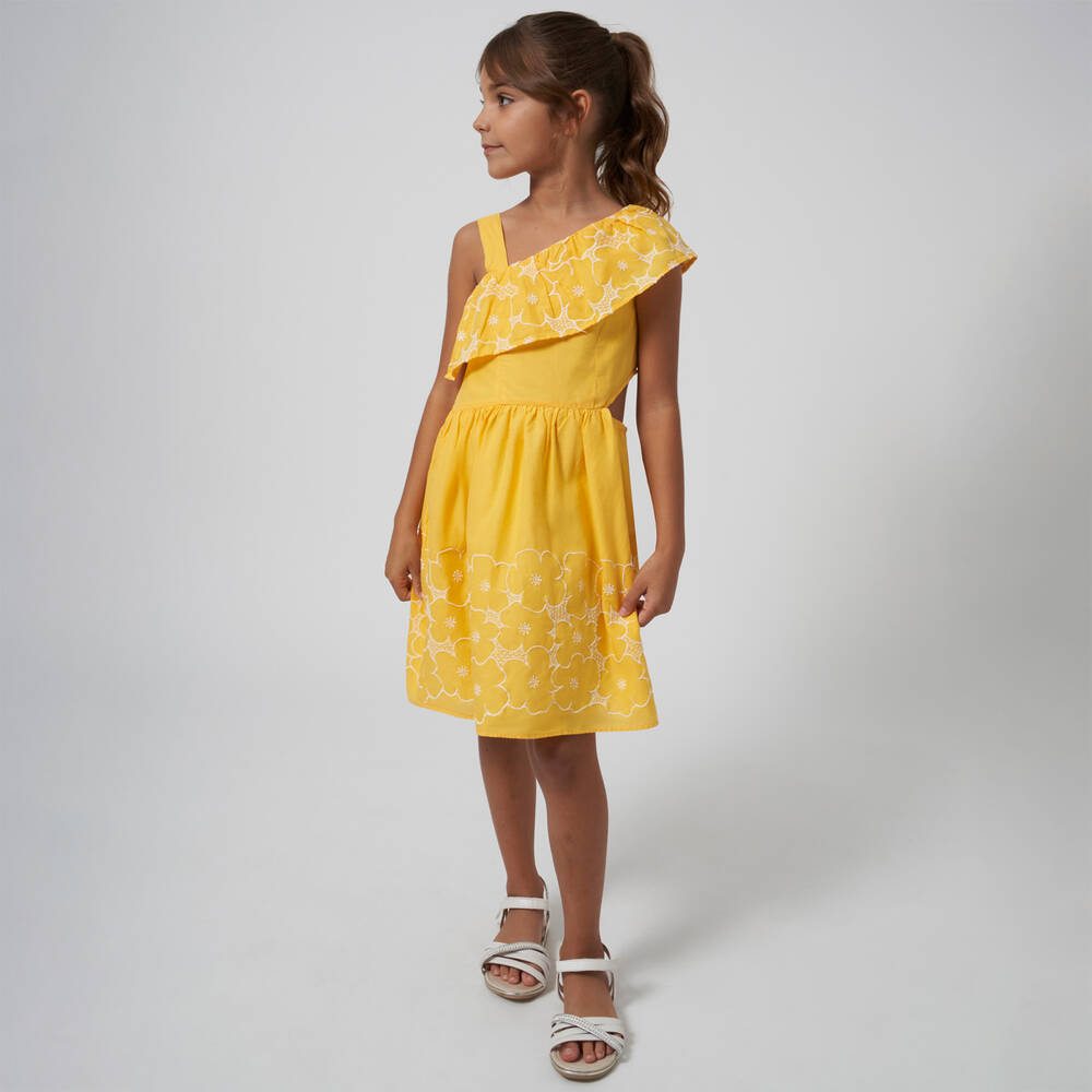 Mayoral-Girls Yellow Cotton Embroidered Dress | Childrensalon Outlet