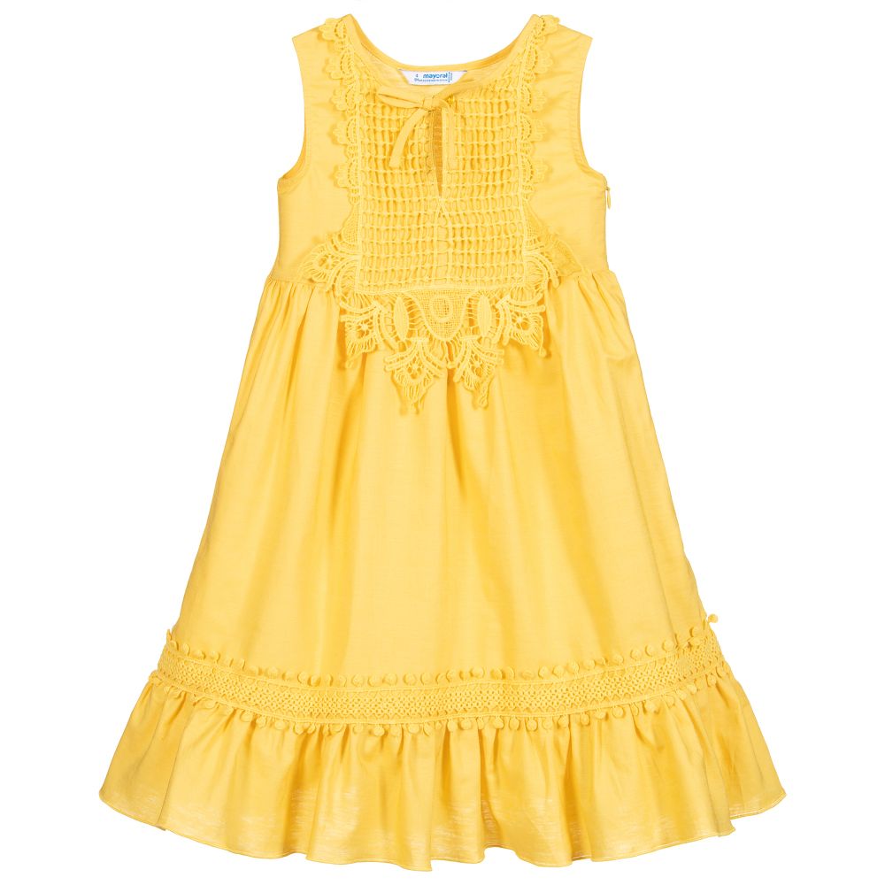 Mayoral-فستان قطن وكتان لون أصفر مزين بدانتيل | Childrensalon Outlet