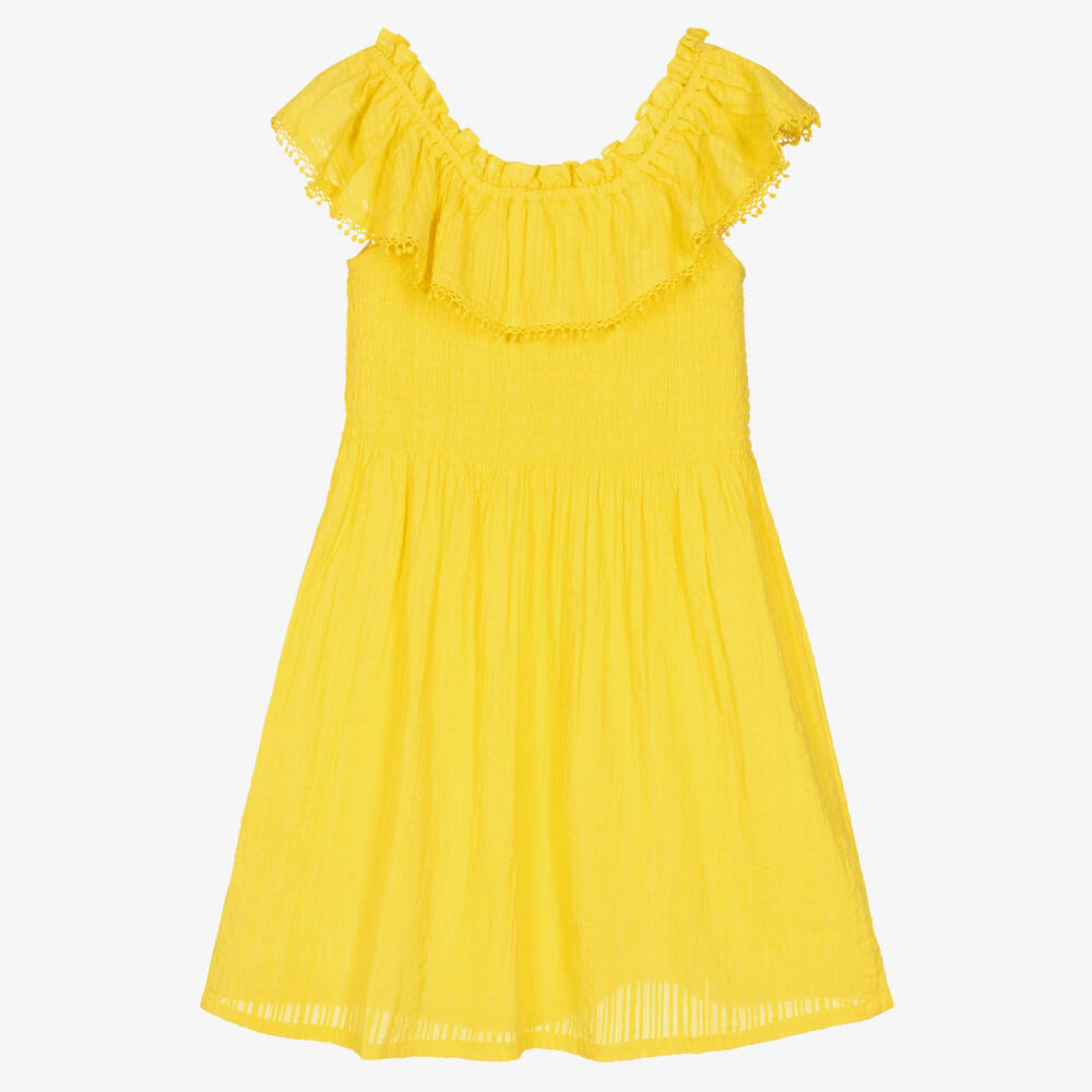 Mayoral-Girls Yellow Cotton Seersucker Dress | Childrensalon Outlet