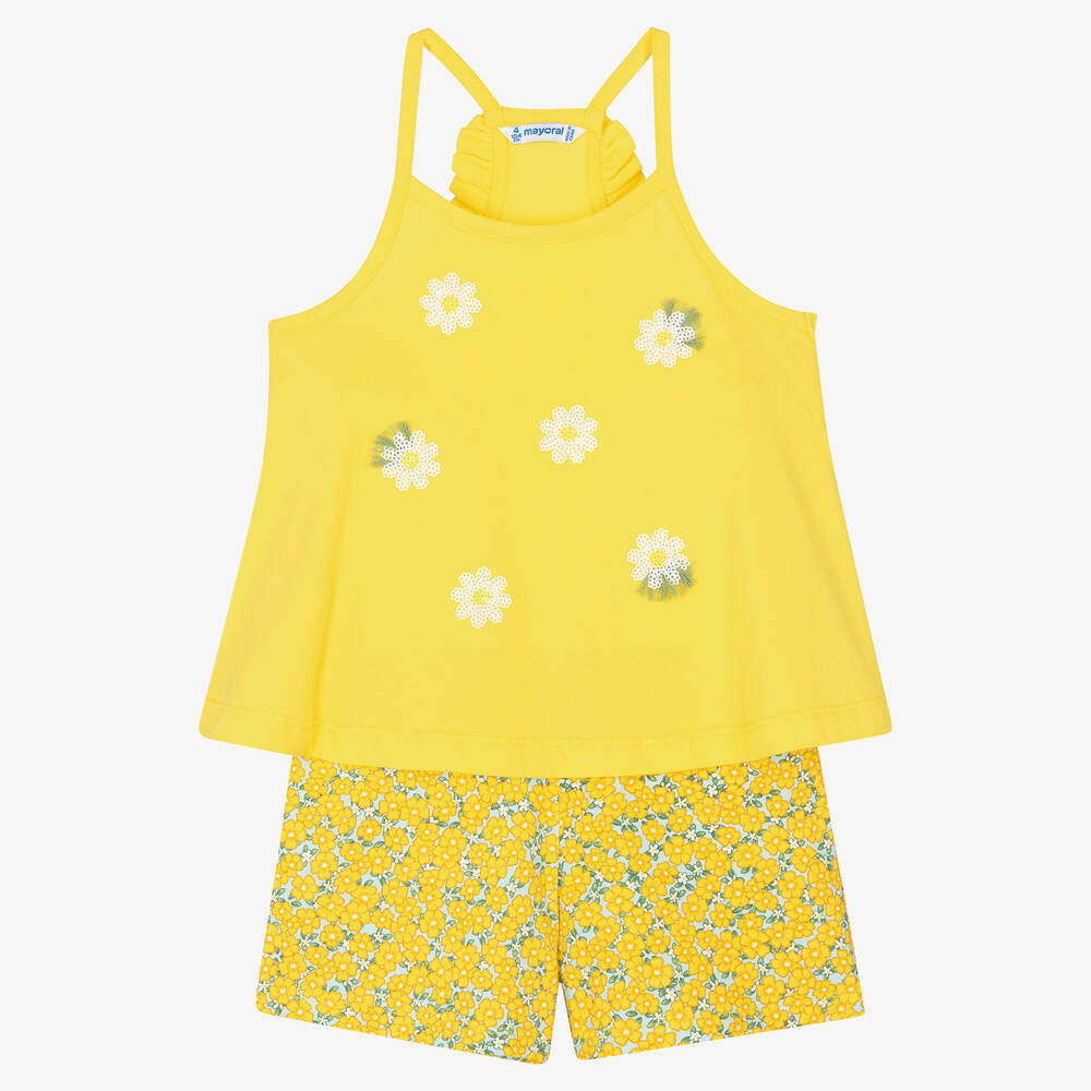 Mayoral - Girls Yellow Floral Cotton Shorts Set | Childrensalon