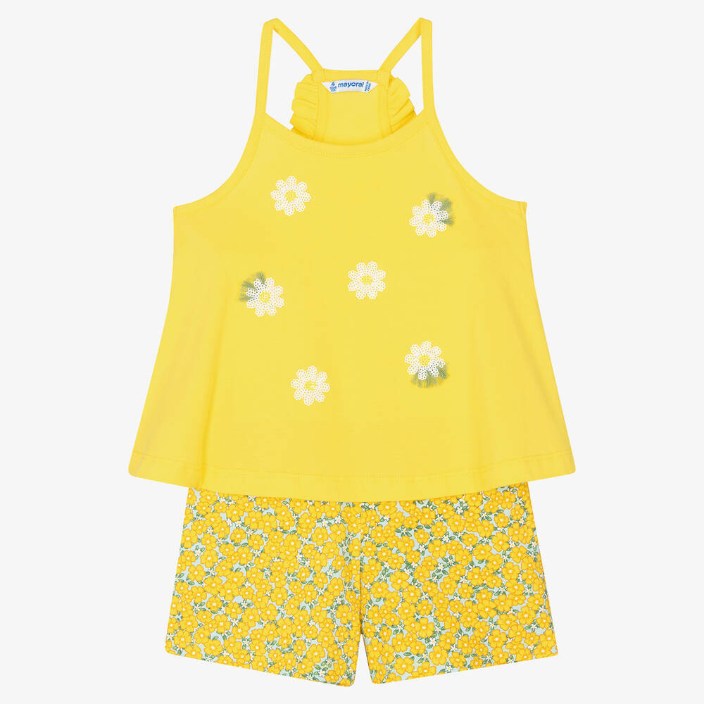 Mayoral-Girls Yellow Floral Cotton Shorts Set | Childrensalon Outlet