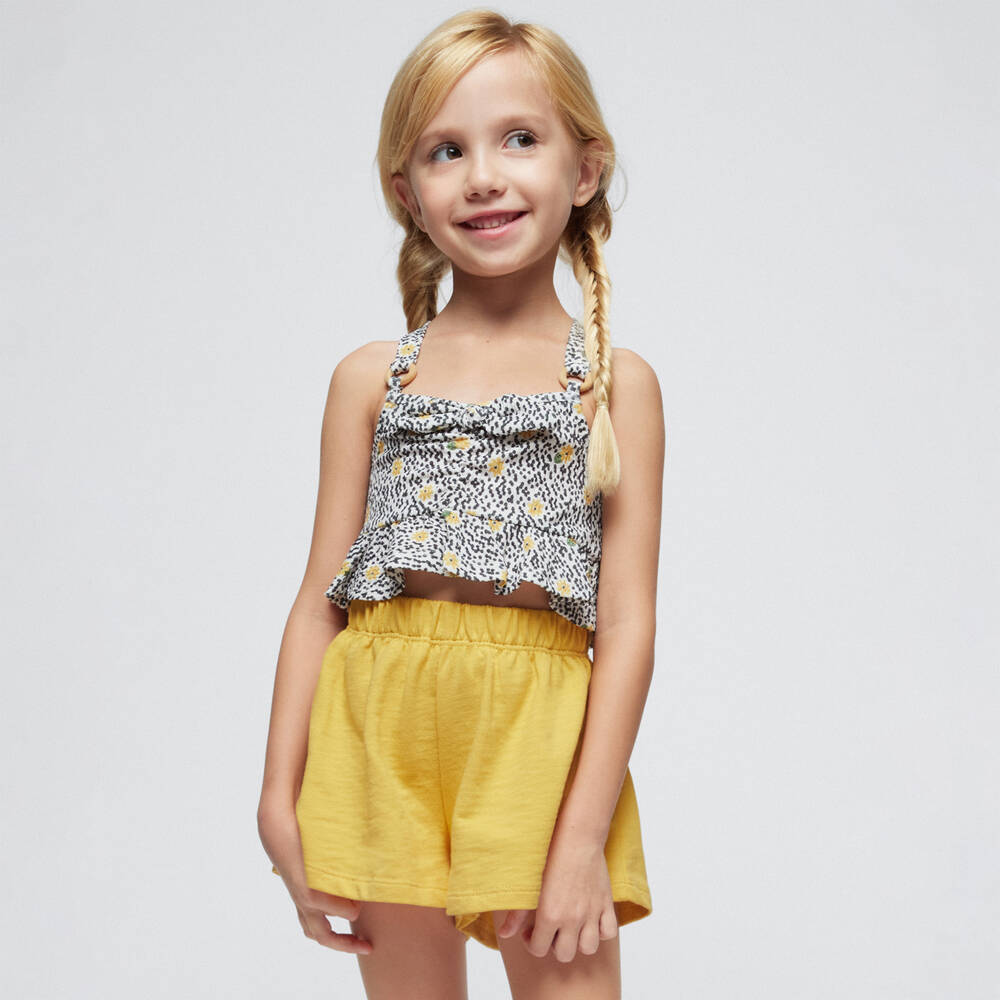Mayoral-Girls Yellow Floral Cotton Shorts Set | Childrensalon Outlet