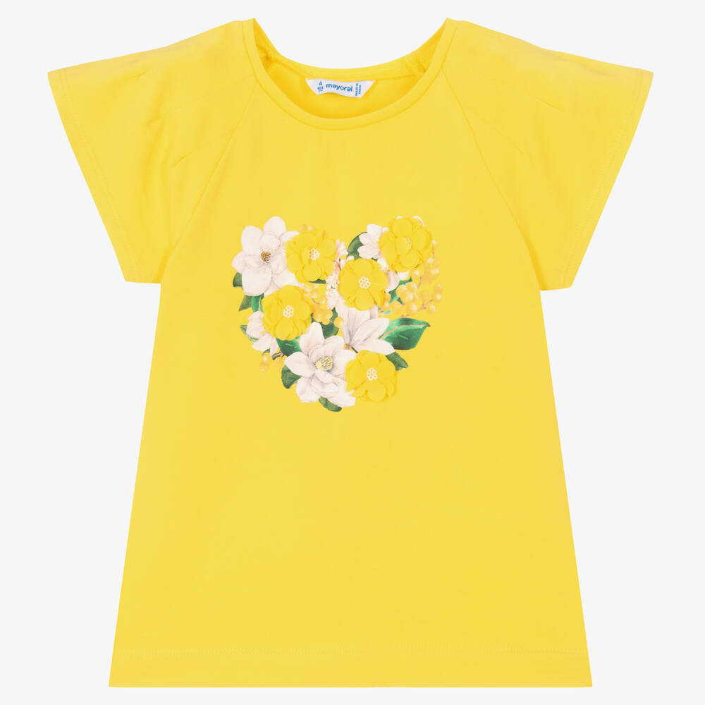 Mayoral - Girls Yellow Floral Print T-Shirt | Childrensalon