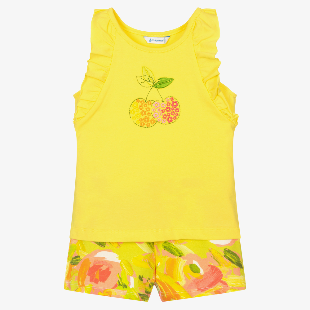 Mayoral - Желтая футболка и шорты в цветочек для девочек | Childrensalon