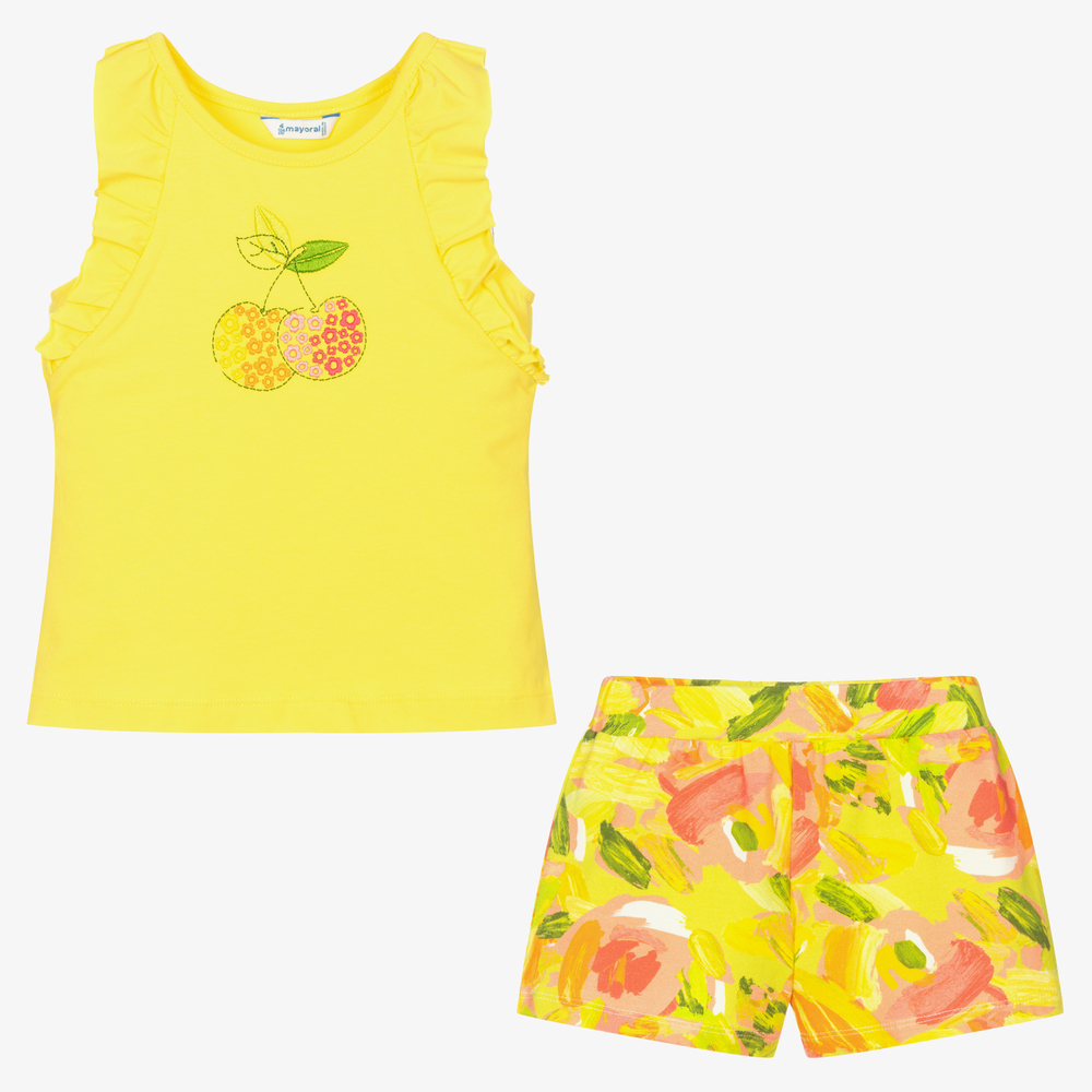Mayoral-طقم شورت قطن مستدام لون أصفر بطبعة ورود للبنات | Childrensalon Outlet