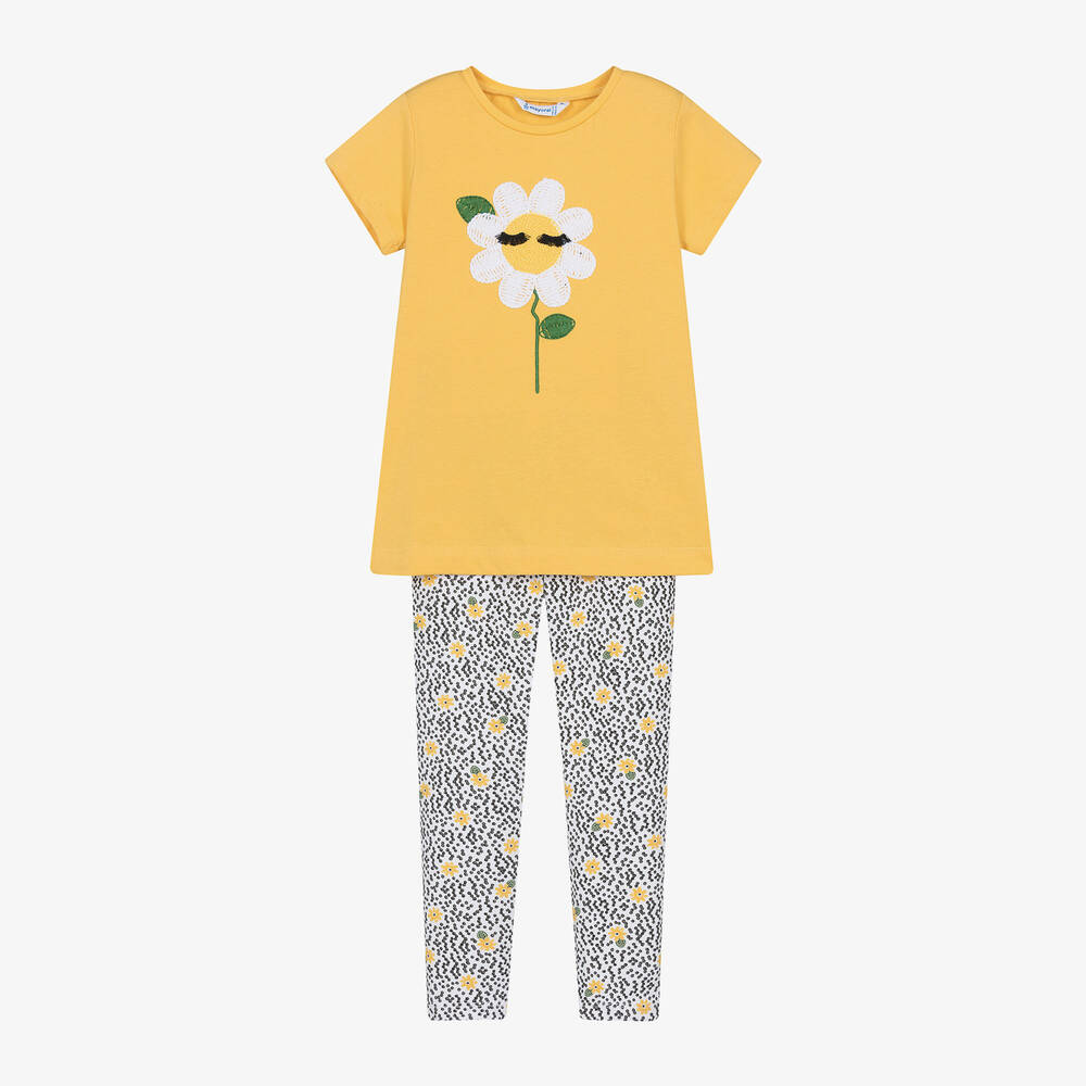 Mayoral-Girls Yellow Flower Cotton Leggings Set | Childrensalon Outlet