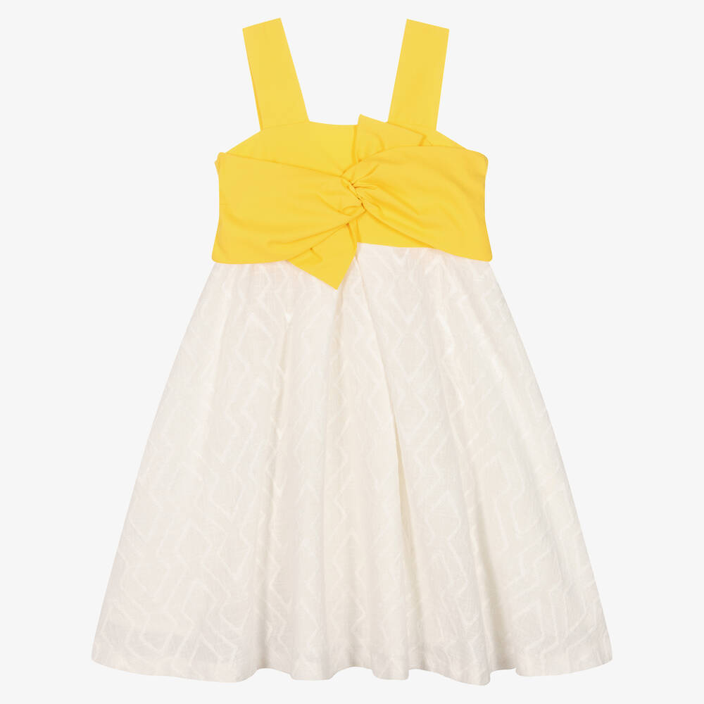 Mayoral - فستان مزيج قطن لون أصفر وعاجي | Childrensalon