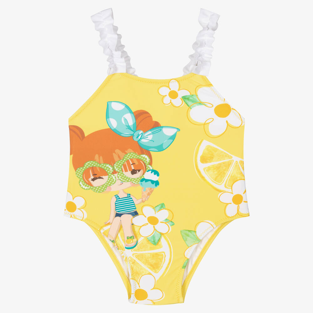 Mayoral - Girls Yellow Lemon Ruffle Swimsuit | Childrensalon
