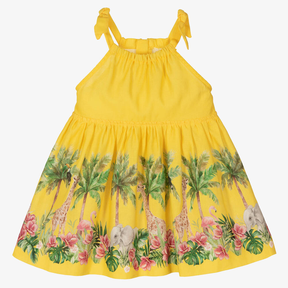 Mayoral - Желтое льняное платье с животными  | Childrensalon